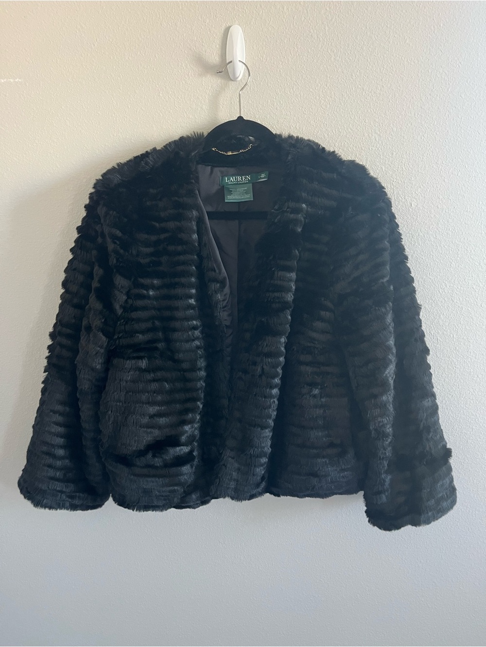Ralph Lauren Black Faux Fur Coat Size L w/ Pockets